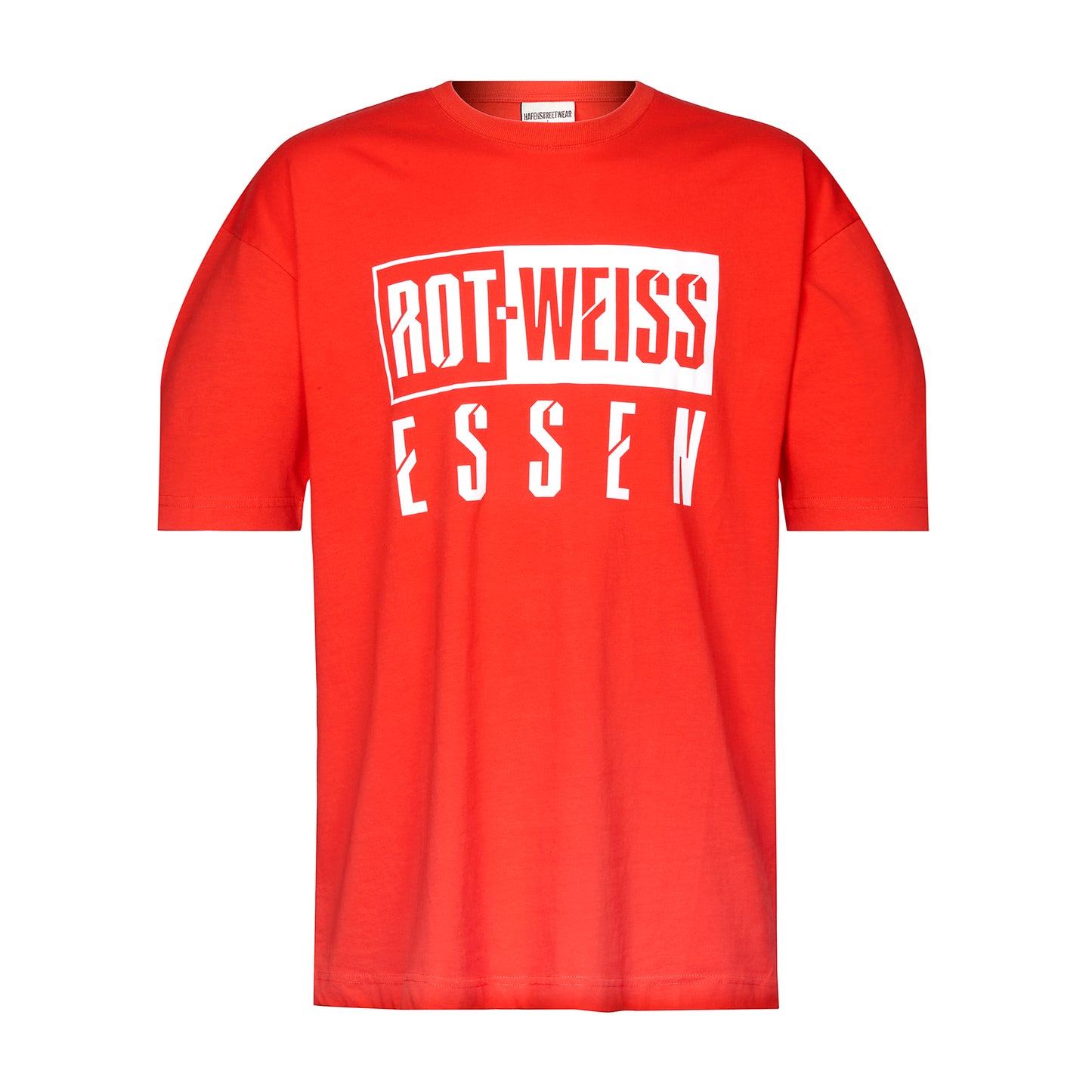 Rotes Oversize T-Shirt mit plakativem, weißen "ROT-WEISS ESSEN" Druck frontal auf der Brust