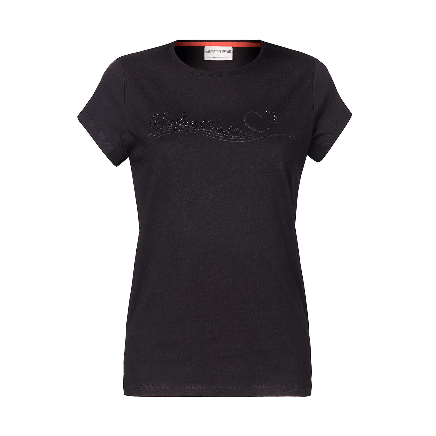 schwarzes T-Shirt mit kurzen Ärmel und rotem Nackenband, mit Glitzerdruck und Strass auf der Brust