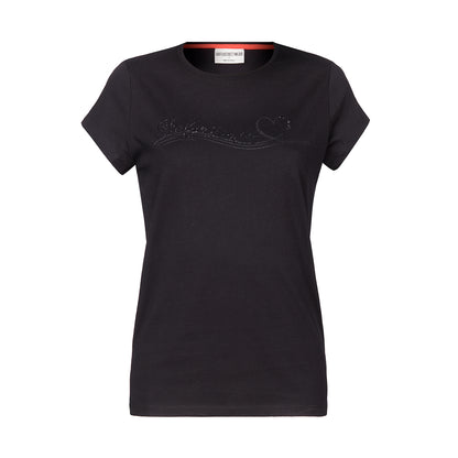 schwarzes T-Shirt mit kurzen Ärmel und rotem Nackenband, mit Glitzerdruck und Strass auf der Brust