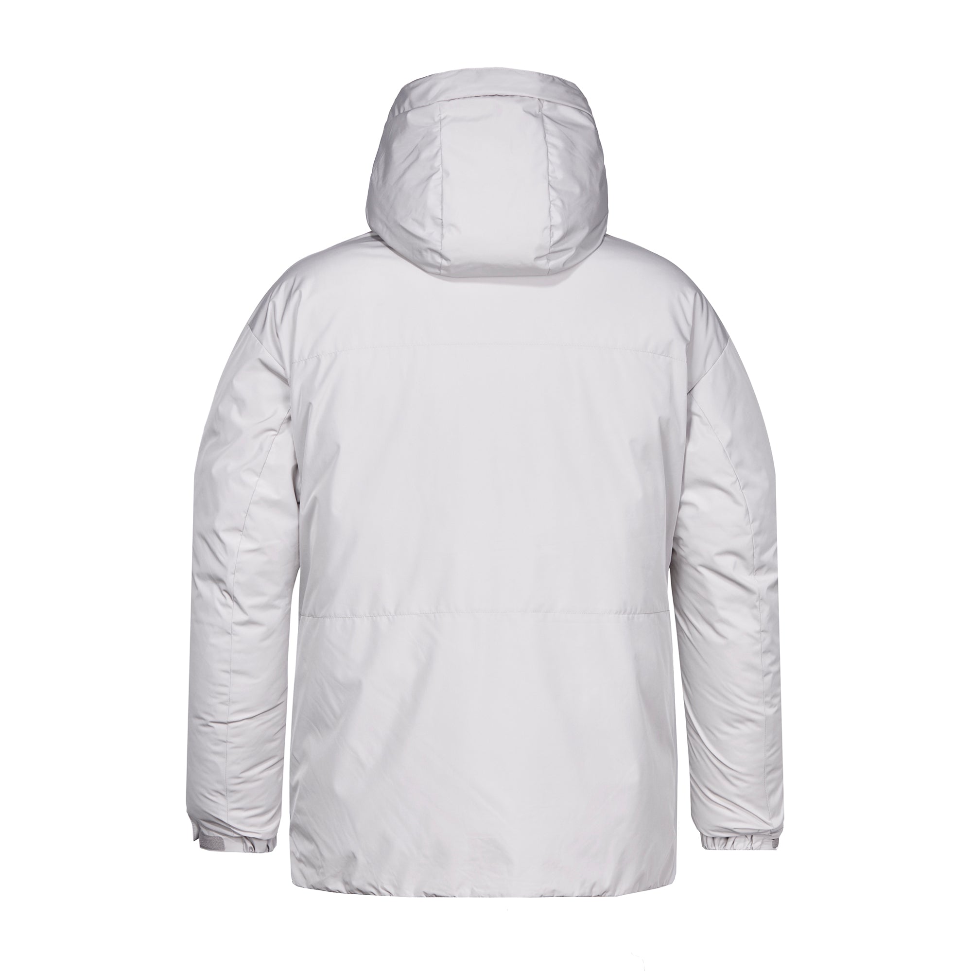 Rückansicht: Hellgraue Winterjacke mit Stehkragen und abnehmbarer Kapuze mit Klett vorne, dick isoliert, aber sehr leicht, hinten schlicht